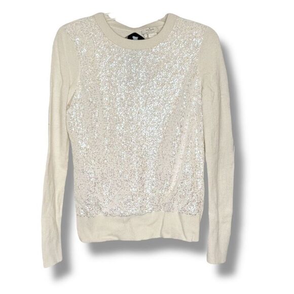 Kate Spade New York Ivory Sequin Front Sweater Keyhole Back Black Satin Bow Sz S - Picture 4 of 9